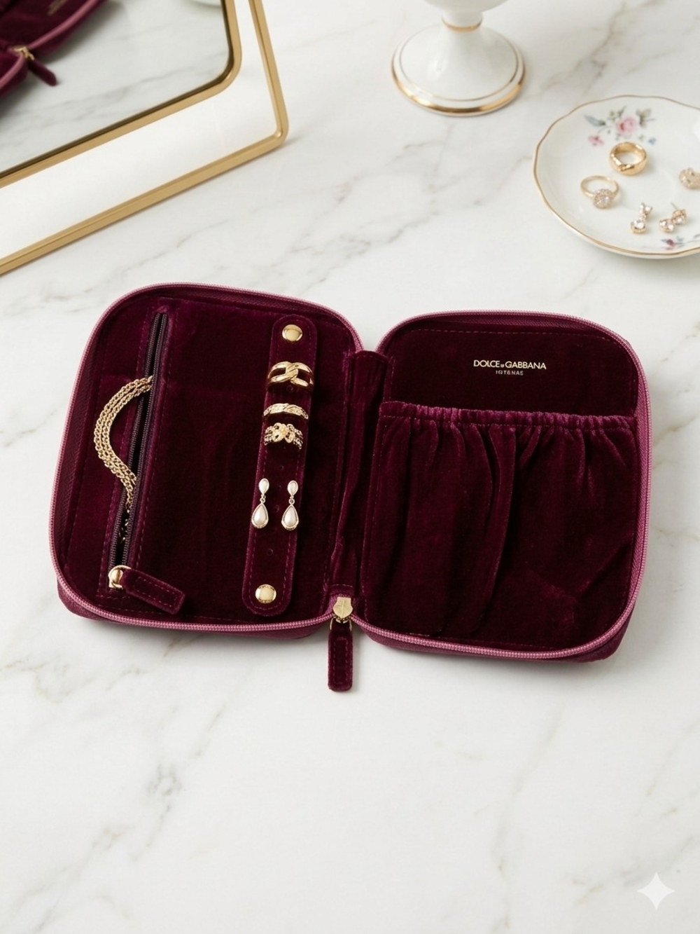 Dolce & Gabbana Velvet Jewelry & Makeup Travel Case - Deep Burgundy